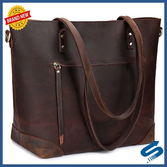 Handbags - Large Genuine Leather Tote with Laptop Compartment & Adjustable Strap